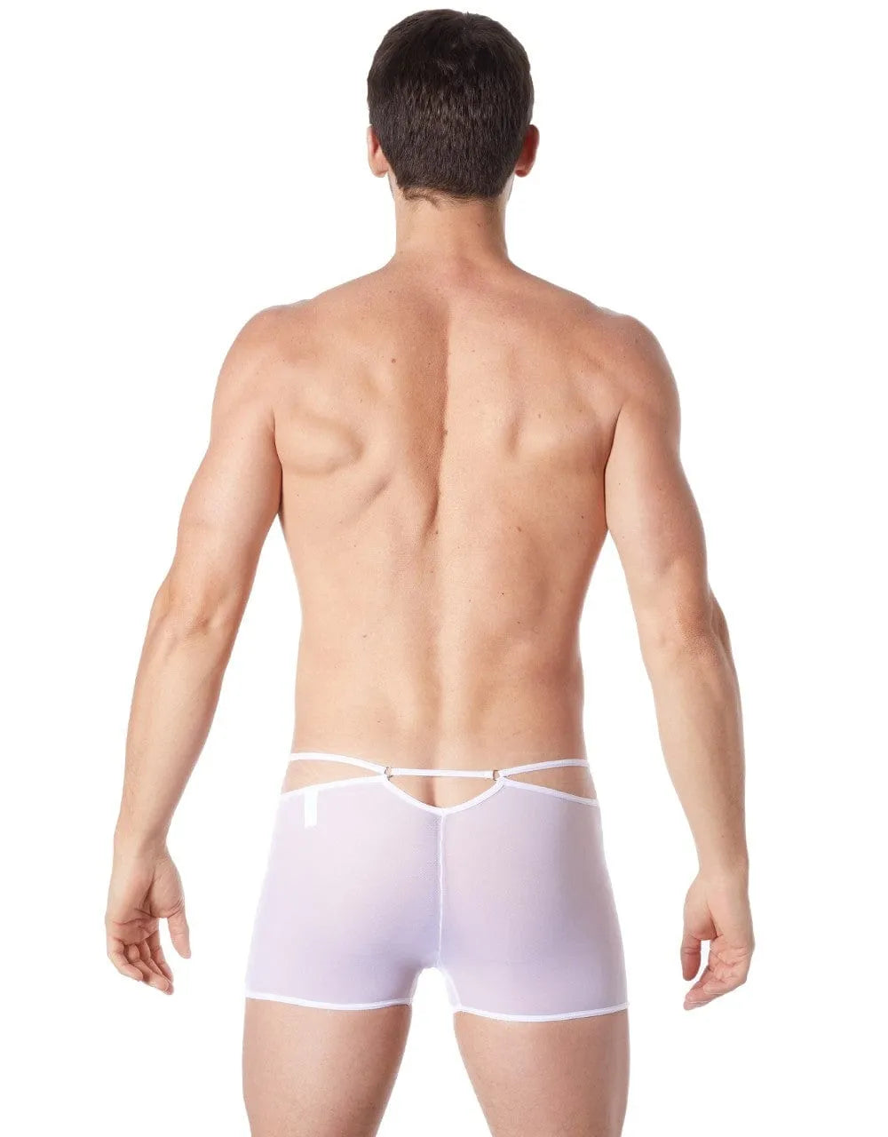 Boxer blanc homme brillant, moulant, maille fine transparente, élégant et confortable, vue arrière.