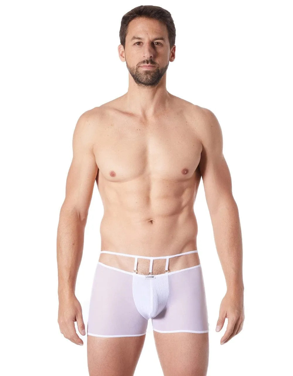Boxer blanc homme, tissu brillant et transparent, maille fine, ajusté, élégant et confortable, allure glamour.