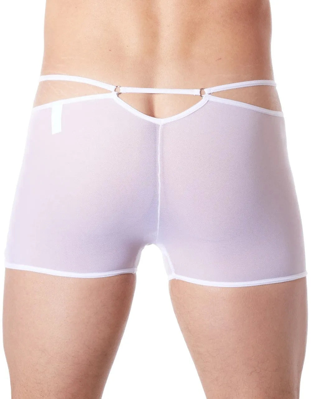 Boxer blanc homme, tissu brillant, maille fine transparente, coupe moulante, élégant et confortable, allure glamour.