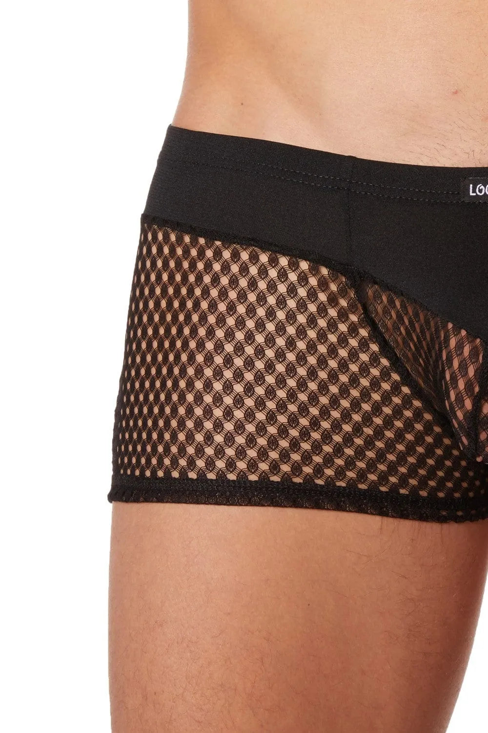 Boxer homme noir opaque haut, résille filet bas, ajusté, chic, confortable, durable, style tendance et sexy.