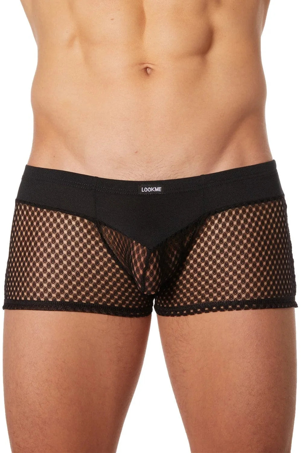 Boxer homme noir opaque haut, résille filet bas, chic et confortable, style tendance et sexy, polyamide élasthanne.