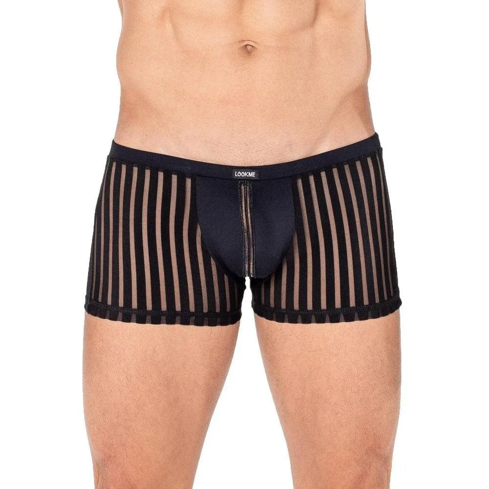 Boxer Sexy Hommes Noir Résille Fine Bandes Verticales Devant Effet Tanga Arrière Coupe Ajustée Confortable Polyamide Élasthanne Audacieux Sensuel