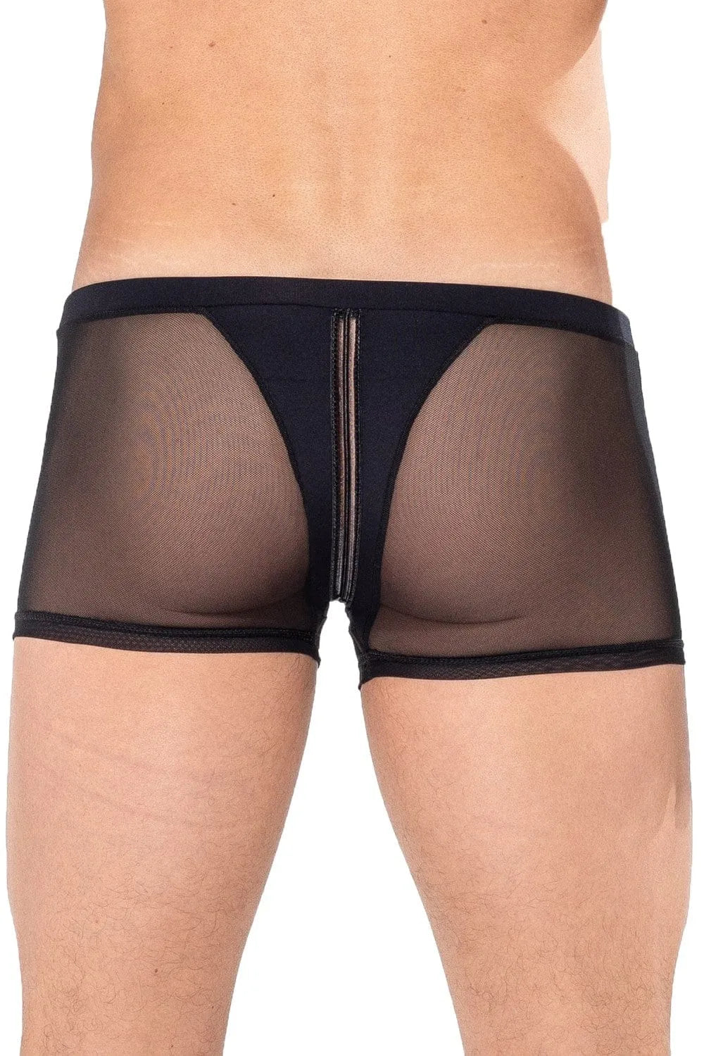 Boxer homme noir résille, bandes verticales devant, effet tanga arrière, coupe ajustée, polyamide élasthanne.