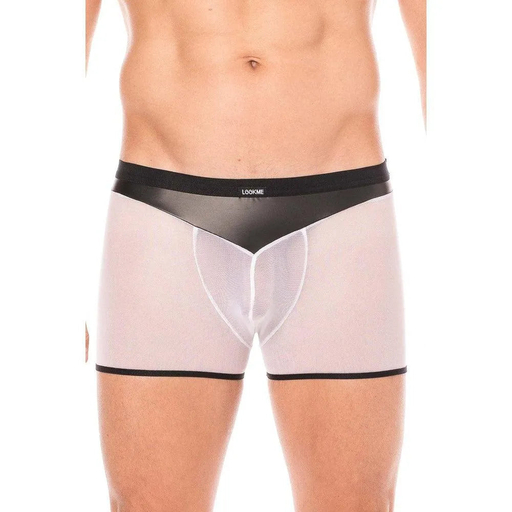 boxer sexy homme résille blanche simili cuir brillant souple poche transparente arrière opacité contraste matière polyester elasthanne