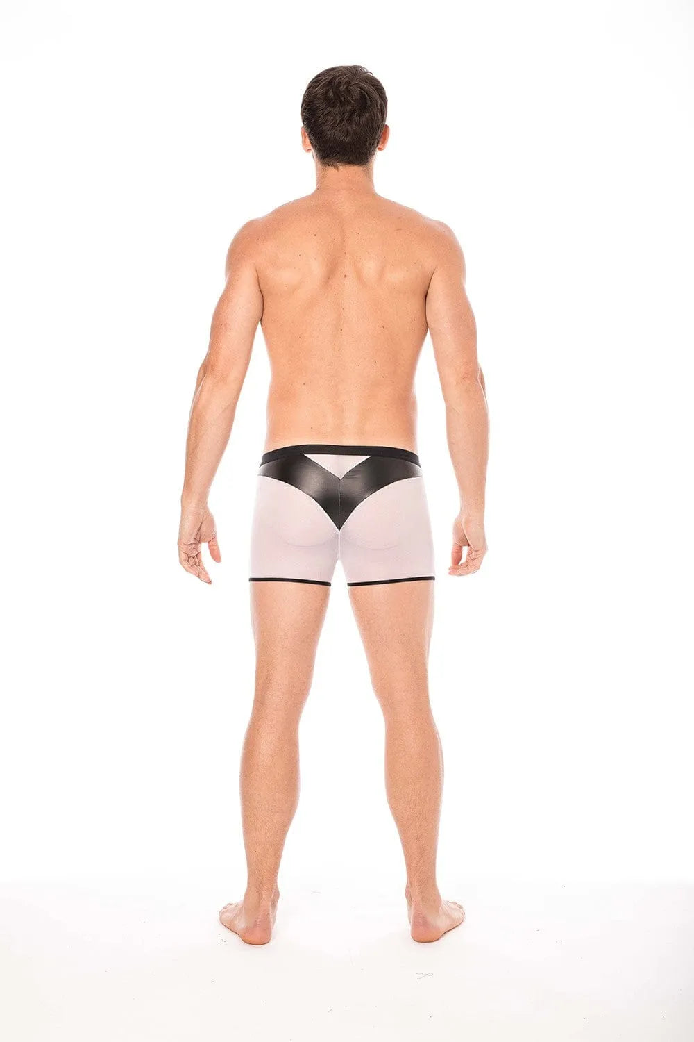 Boxer homme résille blanche, simili cuir noir brillant, poche transparente, design tendance, 92% polyester, 8% élasthanne.