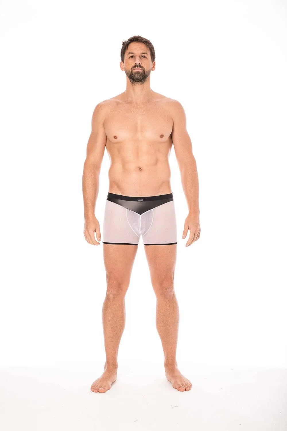 Boxer homme résille blanche, simili cuir brillant, poche avant transparente, opacité contrastée, Collection Dark Malibu.