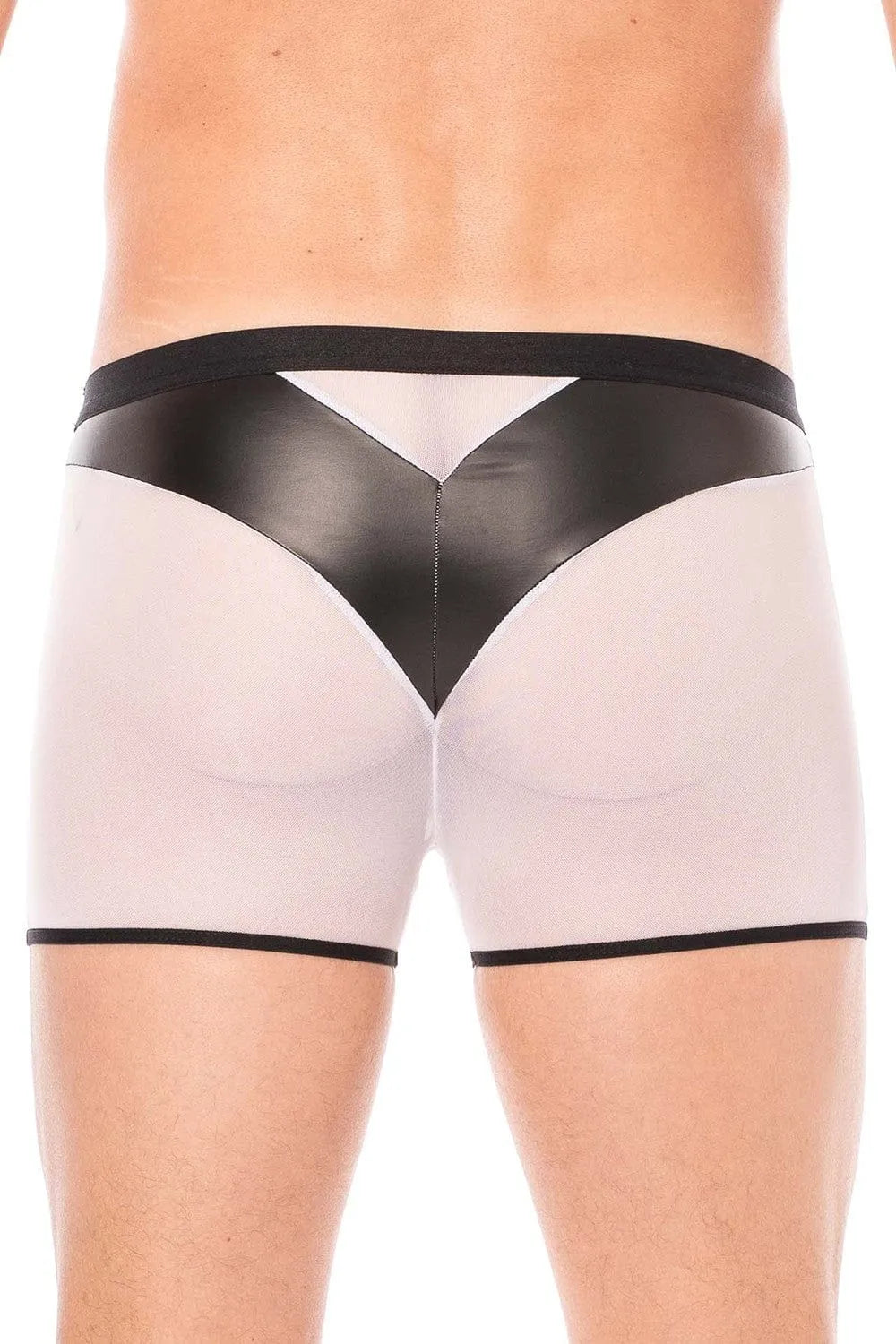 Boxer homme résille blanche, simili cuir noir brillant, poche transparente arrière, style tendance et confortable.