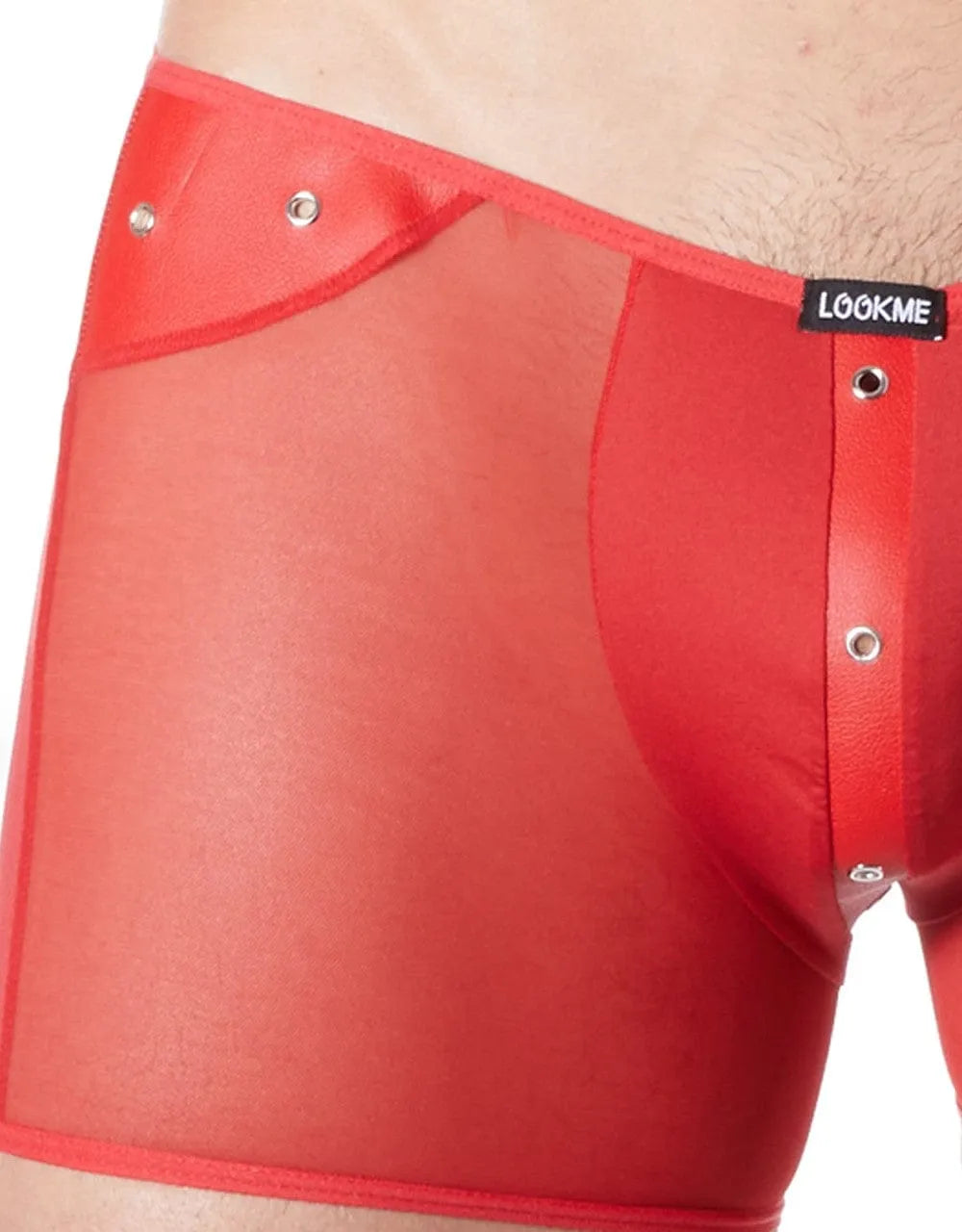 Boxer rouge transparent homme, maille fine, bande verticale effet cuir, anneaux métalliques, avant opaque, ajustement sexy.