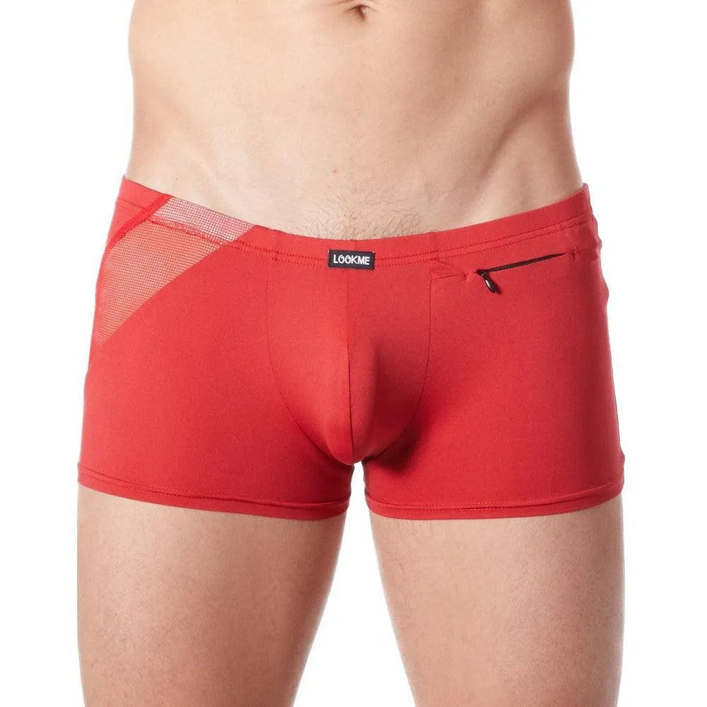 Boxer rouge satiné résille transparente vue subtile zip décoratif taille ajustée extensible confortable polyamide élasthanne séduisant sexy élégant moderne audacieux
