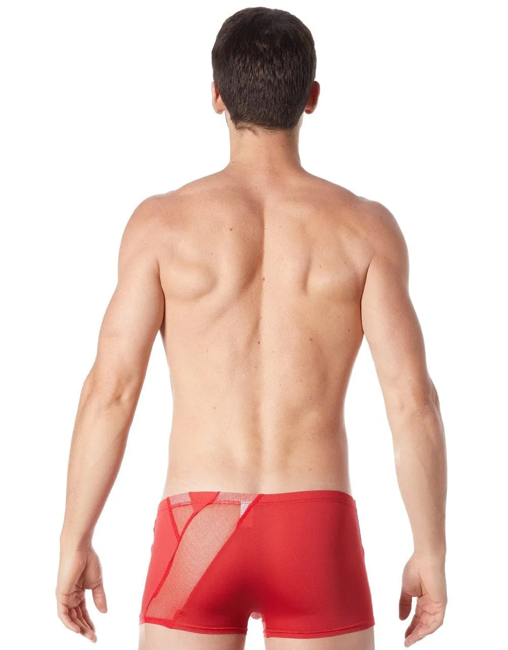 Boxer rouge satiné homme, résille transparente, zip décoratif, taille ajustée, style élégant et moderne.