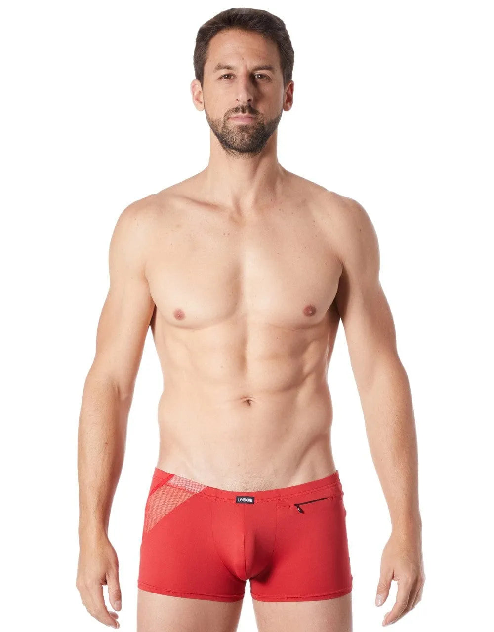 Boxer homme rouge satiné avec résille transparente et zip décoratif, taille ajustée, élégant et moderne.