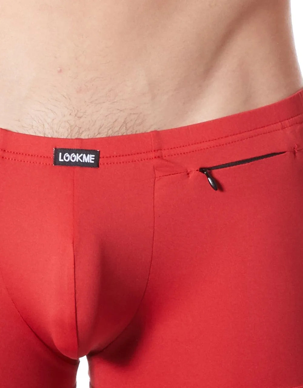 Boxer rouge satiné homme avec résille transparente, zip décoratif, taille ajustée, polyamide élasthanne, style sexy.