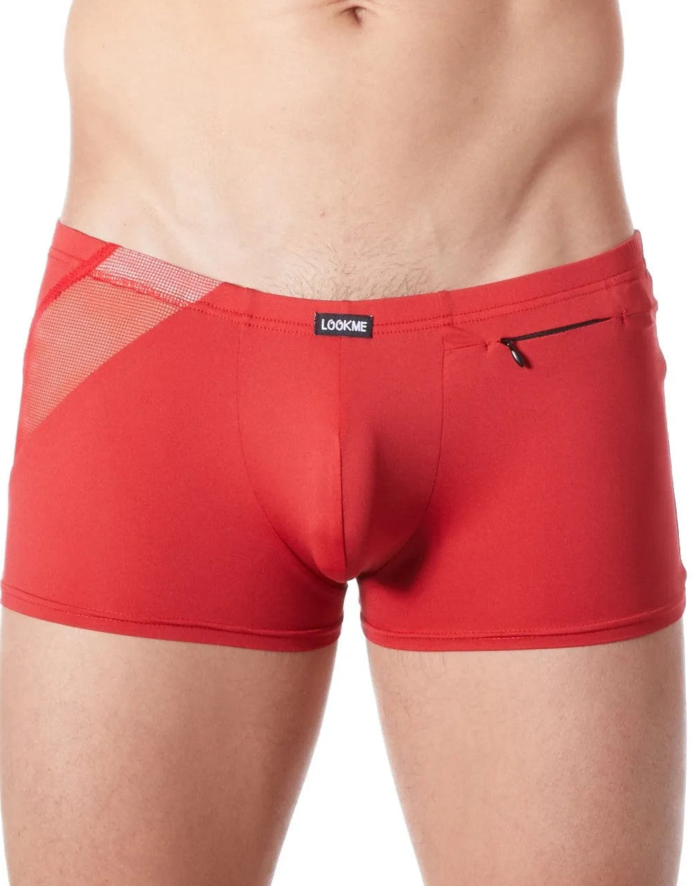 Boxer rouge satiné homme avec résille transparente, zip décoratif, taille ajustée, tissu extensible et confortable.