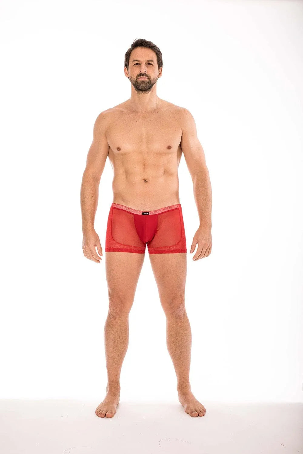 Boxer rouge transparent en résille et dentelle, élégant et moulant, pour homme, confortable et extensible.