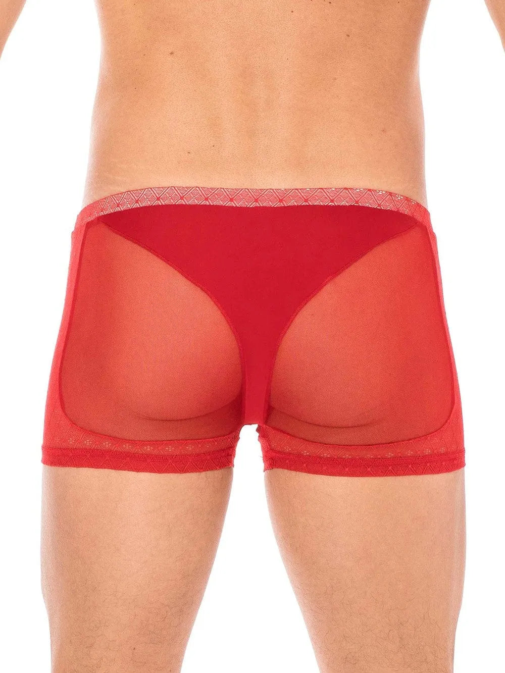 Boxer rouge transparent en résille et dentelle, élégant et sensuel, pour homme, confortable et extensible.