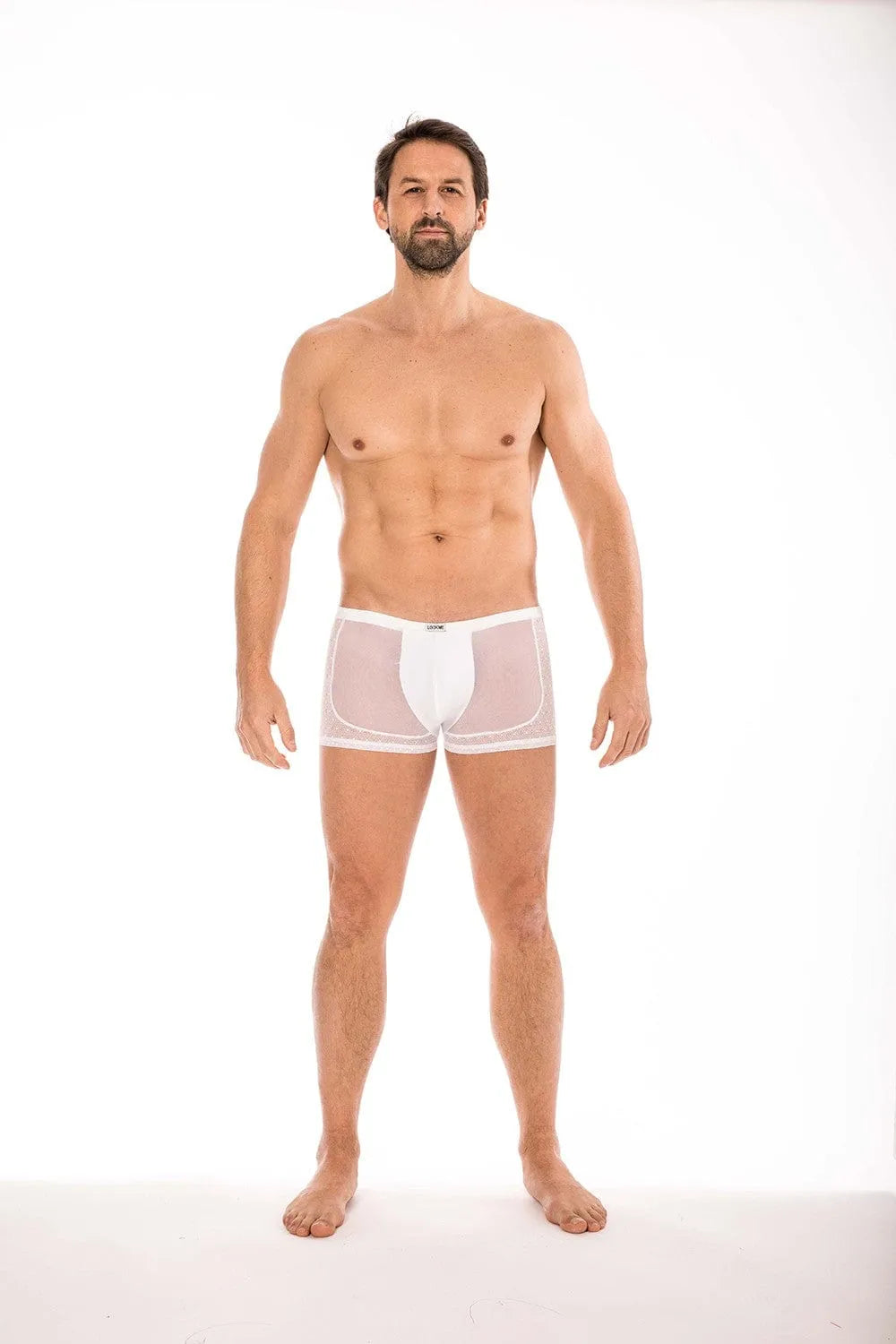 Boxer homme blanc transparent résille dentelle LOOKME, coupe ajustée, élégant et confortable, polyamide élasthanne.