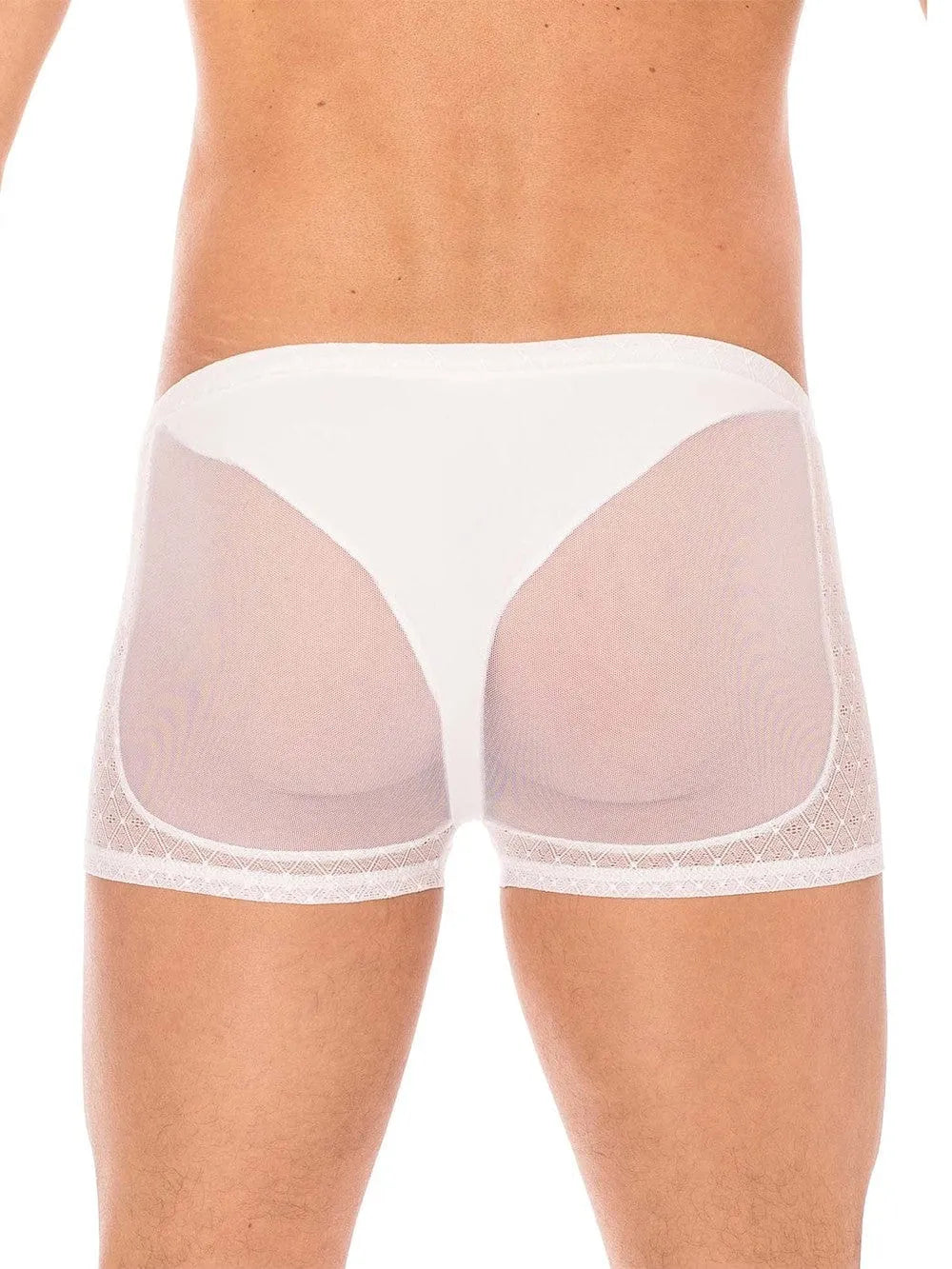 Boxer transparent blanc homme, résille et dentelle, coupe ajustée, LOOKME, confort polyamide élasthanne.