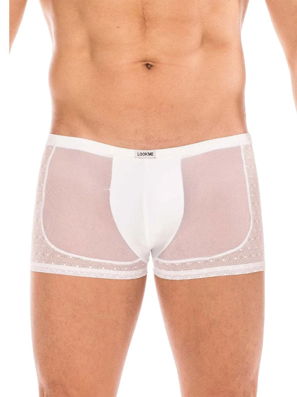 Boxer homme blanc transparent résille dentelle élégante, coupe ajustée LOOKME, confort polyamide élasthanne.
