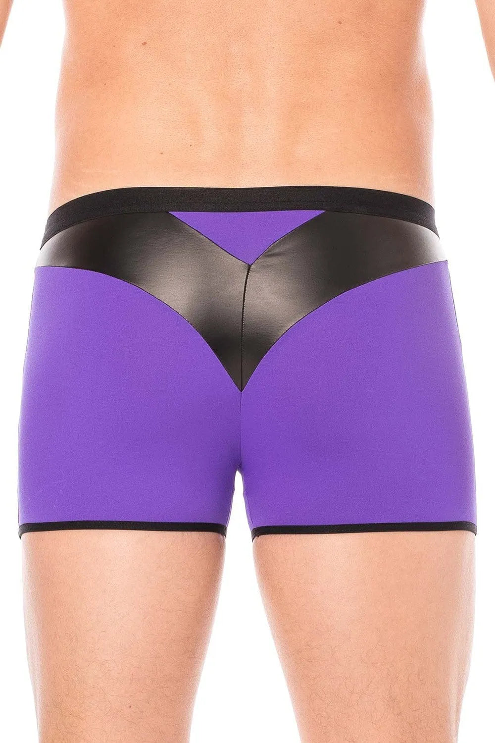 Boxer violet avec bande simili cuir noire en pointe, design élégant et confortable, tissu extensible et doux.