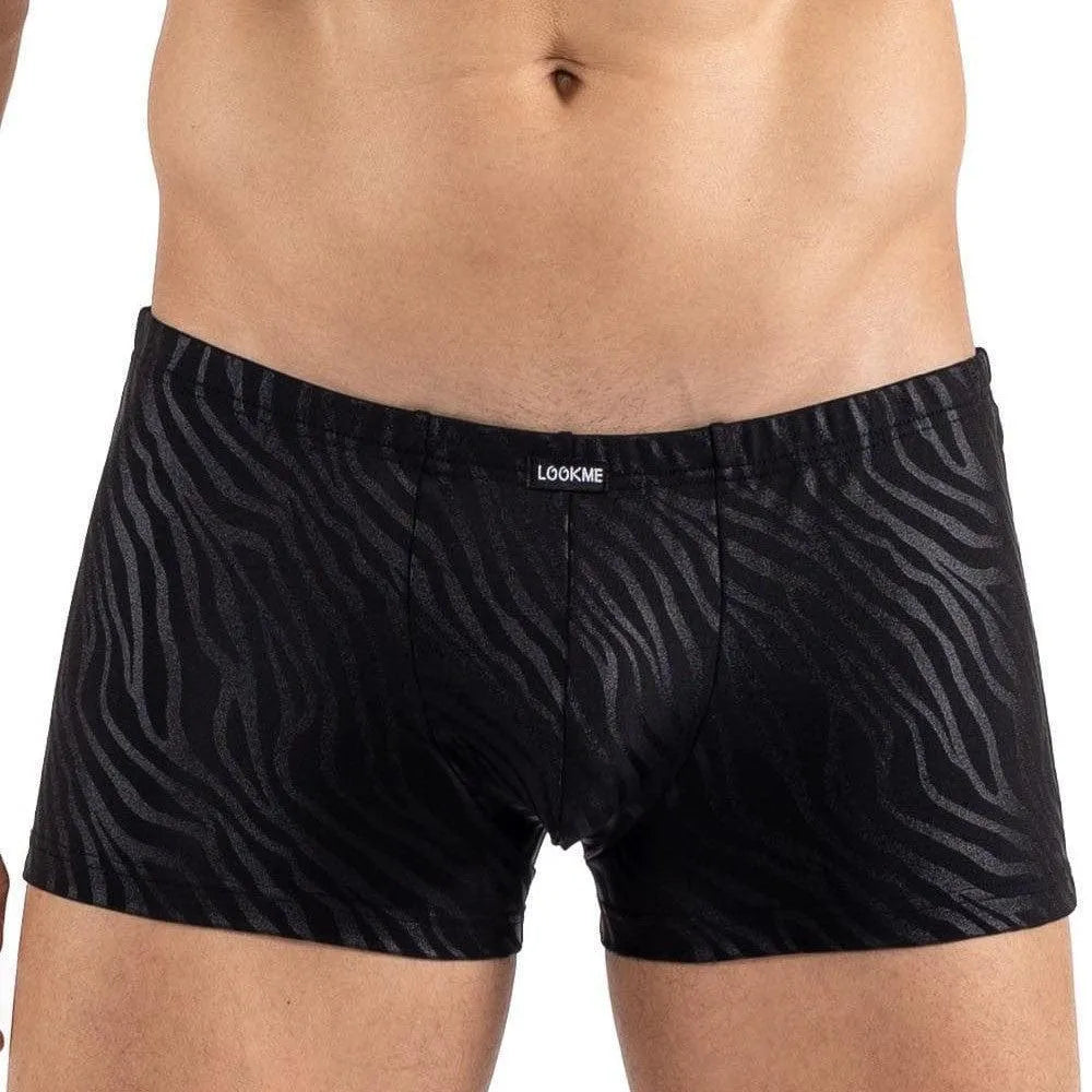 boxer zébré noir brillant hommes audacieux souple confortable moulant élégant motif exclusif extensible polyamide élasthanne silhouette sculptante