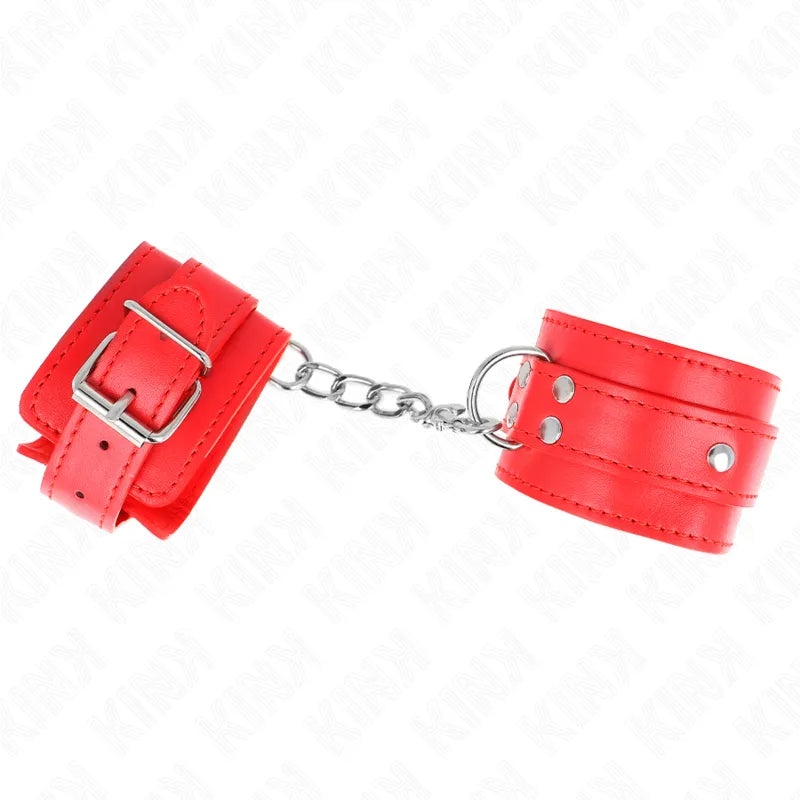 Bracelets BDSM rouges en cuir végétalien, ajustables, avec boucles métalliques et chaîne, élégants et durables.