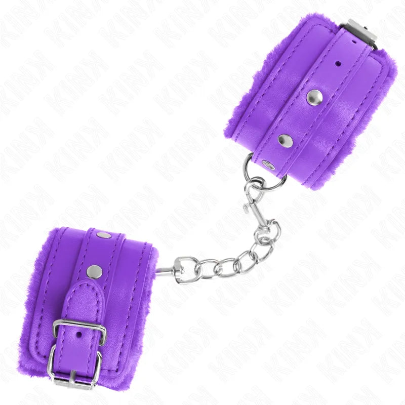 Bracelets BDSM violets en cuir végétalien, ajustables, avec chaîne métallique, confortables et élégants.