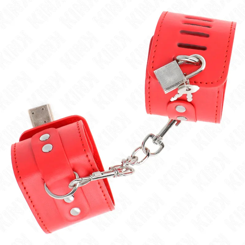 Bracelets BDSM en cuir rouge, ajustables, rembourrés, avec boucles robustes et fermetures sécurisées, élégants et durables.