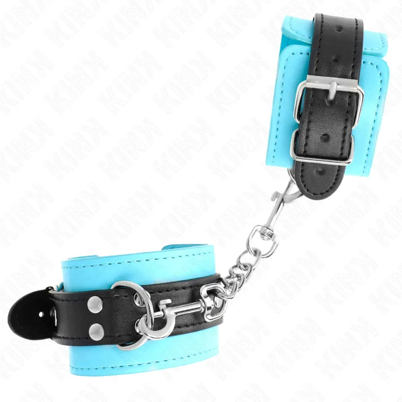 Bracelets BDSM cuir bleu et noir, rembourrés, boucles métalliques, velcro, élégants, sécurisés, ajustables pour débutants.