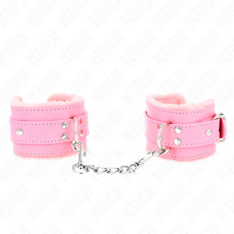 Bracelets BDSM rose en cuir végétalien avec doublure douce, chaînes métalliques robustes et boucles réglables pour confort...