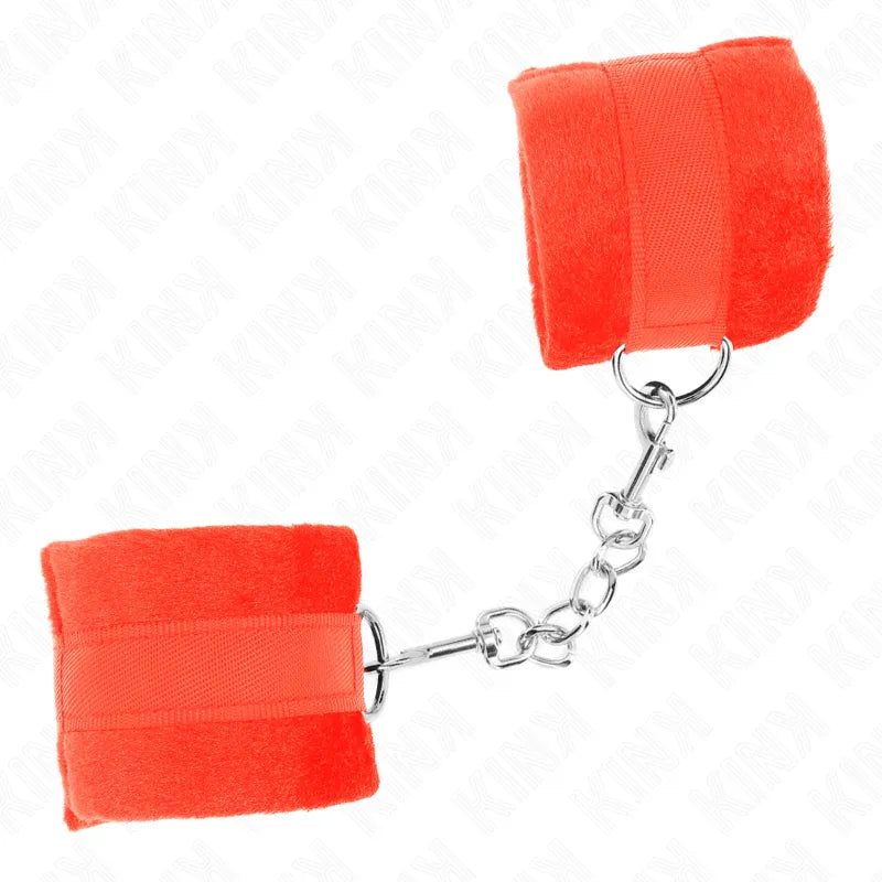 Bracelets BDSM rouges véganes rembourrés avec boucles métalliques et attaches robustes, élégants et ajustables.