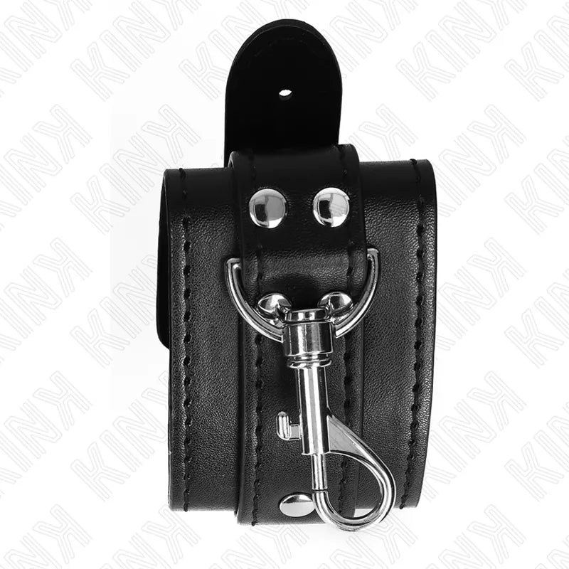 Bracelet BDSM en cuir noir, boucles métalliques robustes, rembourrage intérieur, style élégant et durable.