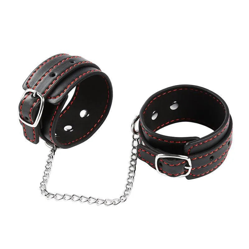 Bracelets BDSM en métal noir avec coutures rouges, chaîne argentée, réglables, robustes et élégants pour exploration sécur...