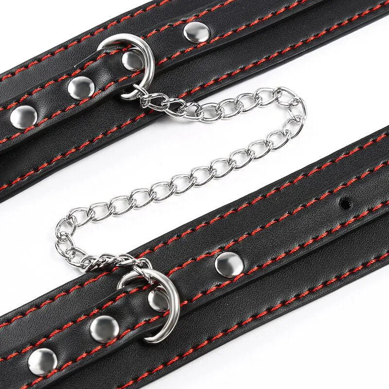 Bracelets BDSM en métal noir avec coutures rouges, chaîne argentée, ajustables, robustes et élégants pour sécurité et conf...