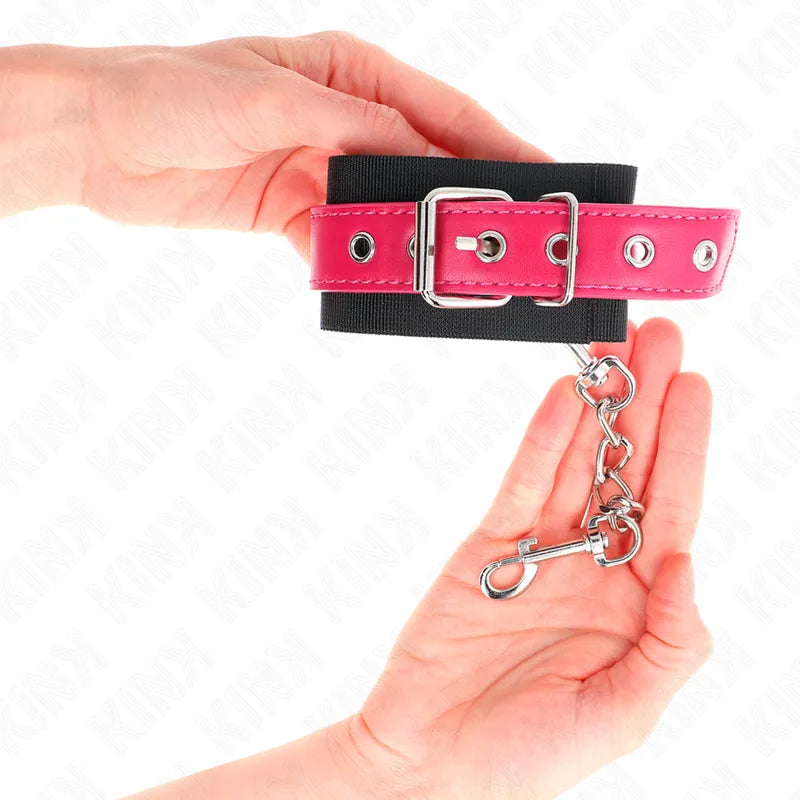 Bracelet BDSM cuir rose et noir, boucle métallique robuste, design élégant et confortable, ajustable pour débutants et exp...
