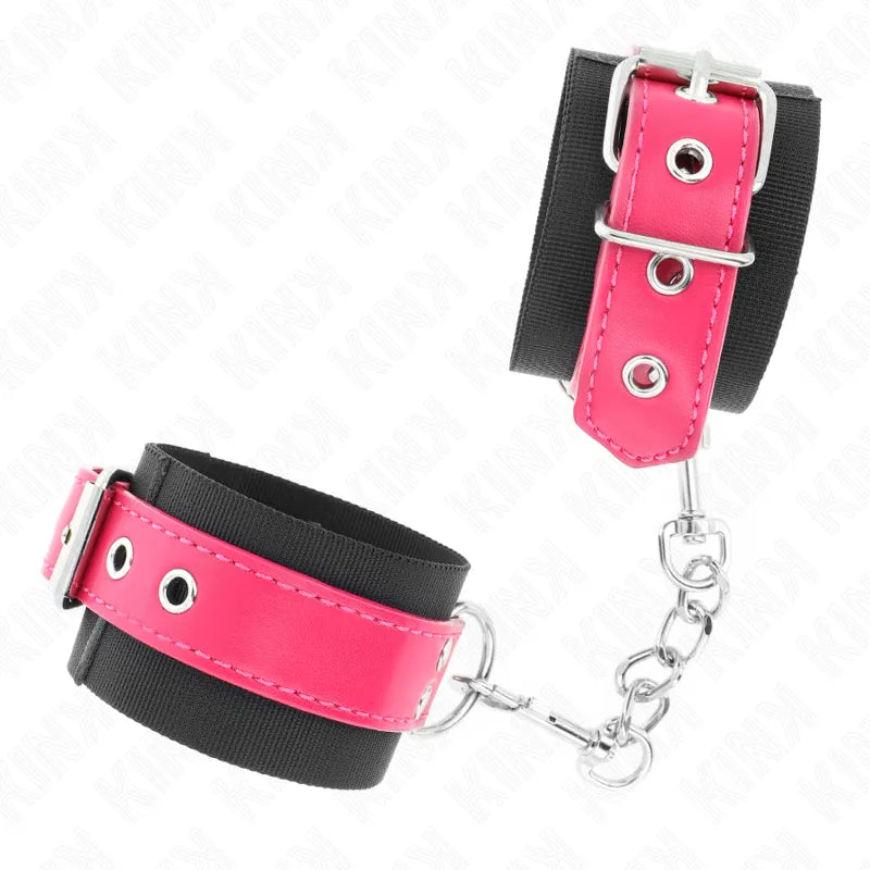Bracelets BDSM cuir rose et noir, rembourrés, boucles métalliques robustes, ajustables, élégants, pour débutants et experts.