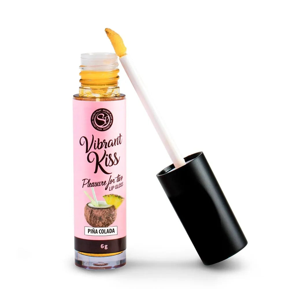 Brillant à lèvres vibrant saveur pina colada, tube rose avec applicateur blanc, design exotique, 6g, stimulant sensoriel.