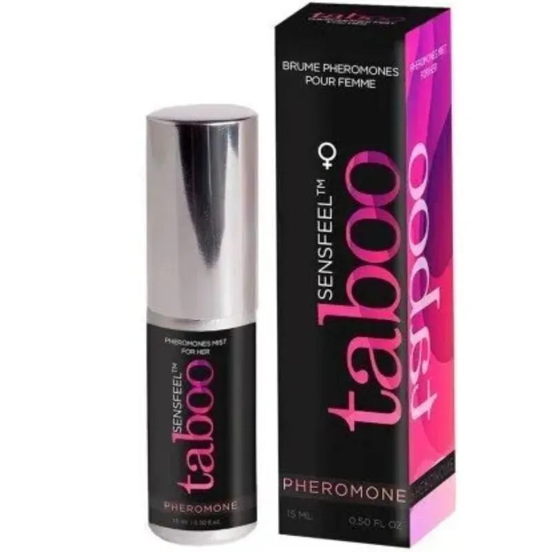 Brume corporelle phéromones femme 15ml, flacon noir et argent, boîte design rose et noir, séduction irrésistible.