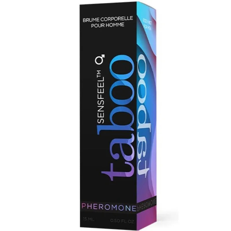 Brume corporelle phéromones homme, flacon 15ml noir et bleu, Sensfeel Provital, attractivité subtile et portable.