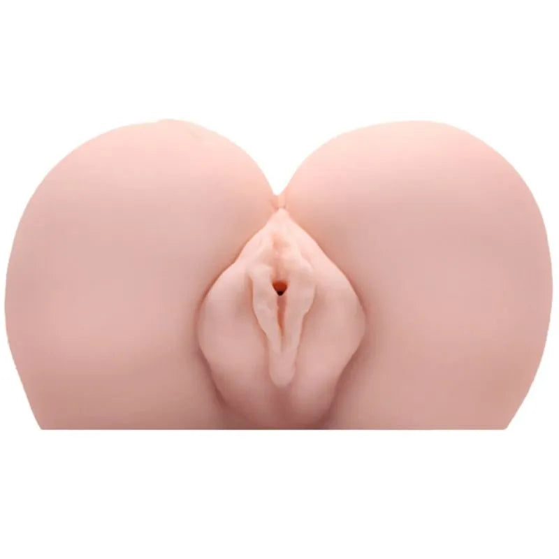 Buste de masturbation réaliste en silicone rose avec fesses tatouées, double tunnels texturés vagin et anus.