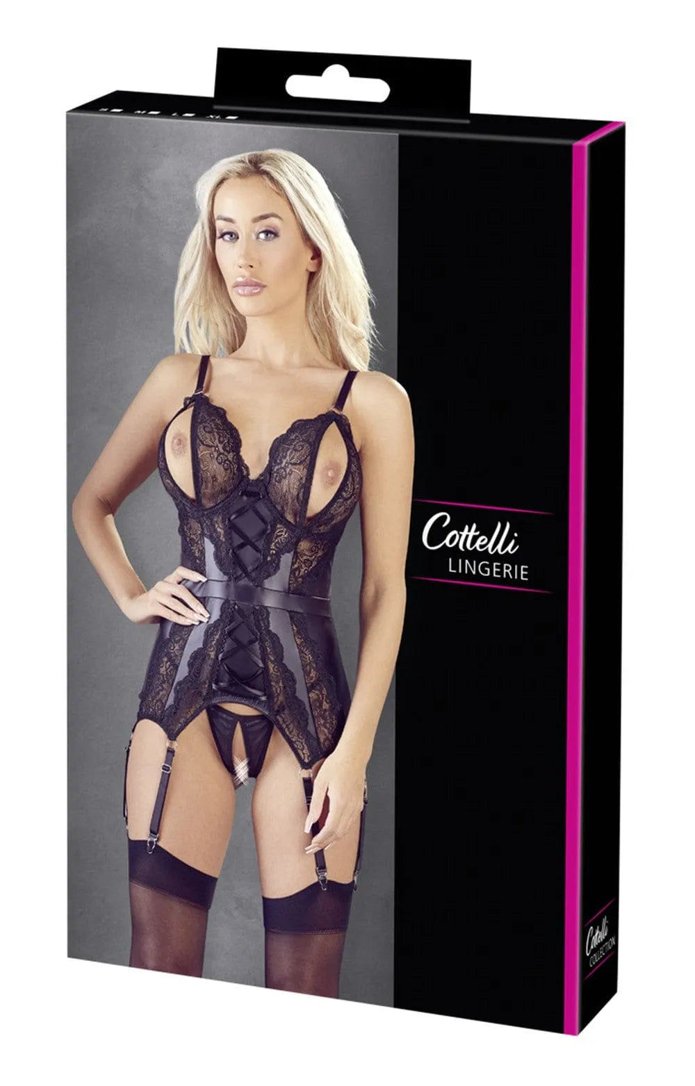 Bustier noir dentelle sexy avec jarretelles amovibles, bonnets ouverts, laçage décoratif, string assorti.