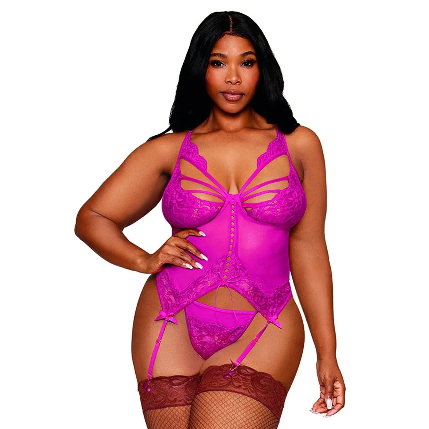 Bustier PorteJarretelles GrandeTaille Rose Résille Dentelle Florale Jarretelles Réglables Tanga Assorti Nylon Spandex Maintien Confort Élégance Séduction Soirée