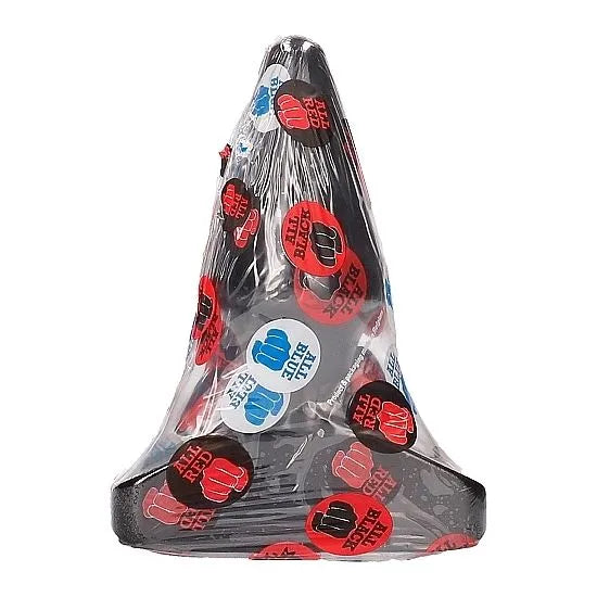 Bouchon anal conique noir en PVC hypoallergénique, forme ergonomique, diamètre 6cm, longueur 125mm, emballé sous plastique.