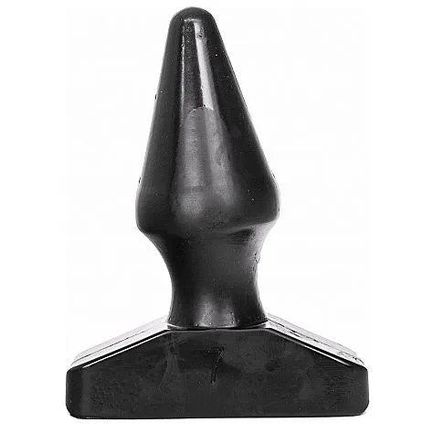 Bouchon anal conique noir en PVC hypoallergénique, forme ergonomique, base large, insertion progressive, 6cm diamètre.