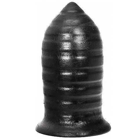 Bouchon anal noir nervuré en silicone hypoallergénique, base large, 8 cm diamètre, 14 cm insérable, élégant et ergonomique.