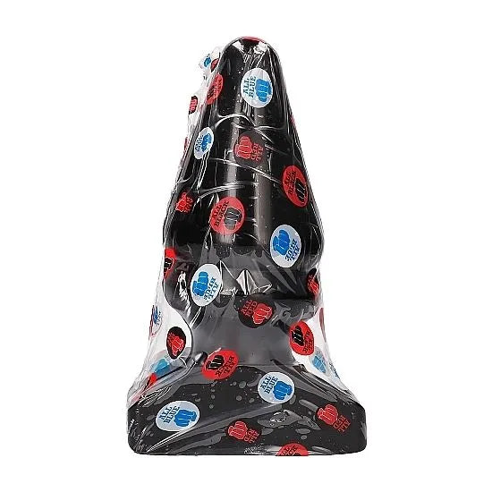 Gode anal conique noir en PVC hypoallergénique, étanche, avec base large, emballé sous plastique, compatible lubrifiants.