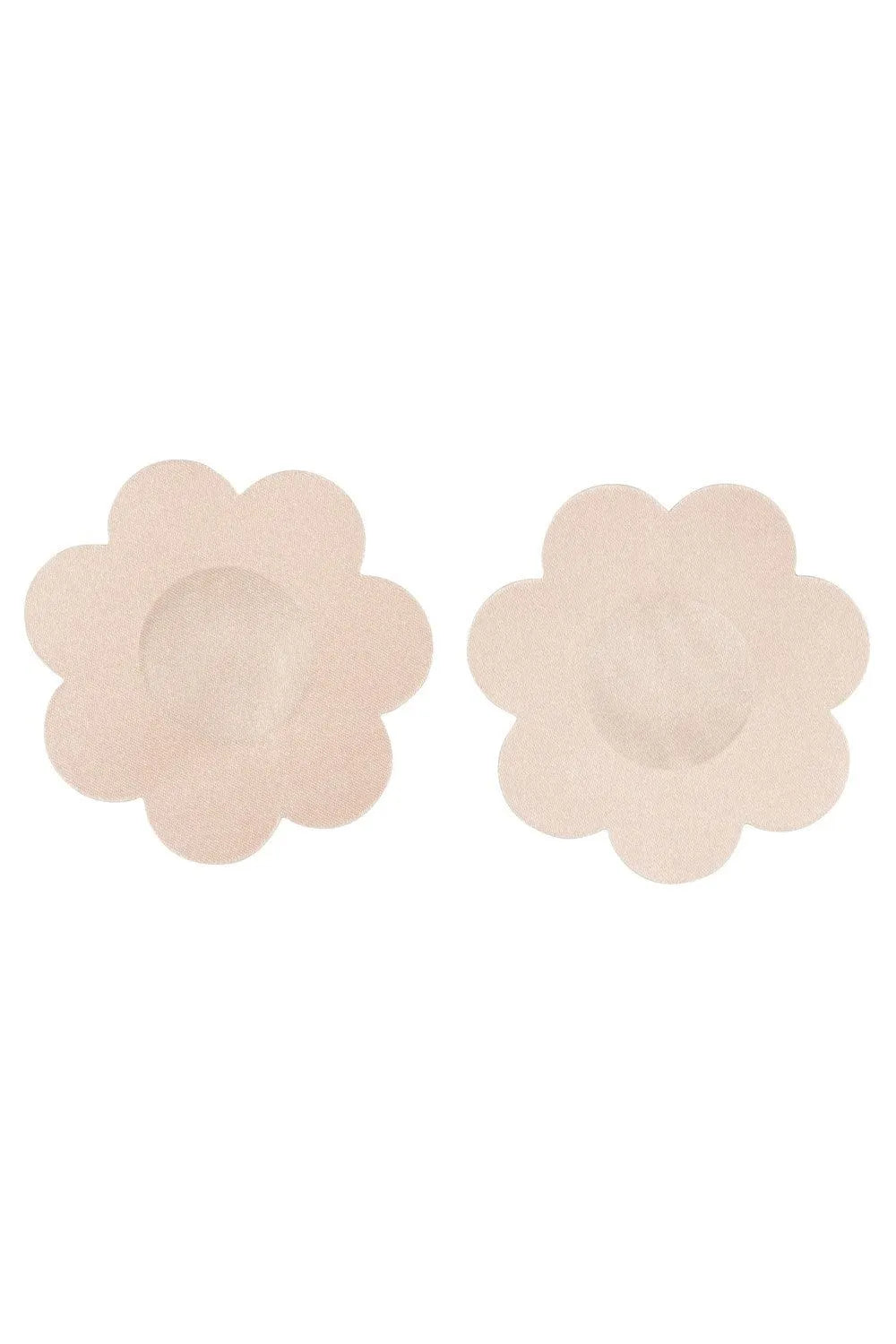 Cache tétons adhésifs floraux en silicone beige, discrets et réutilisables, pack de six paires pour tenues moulantes.