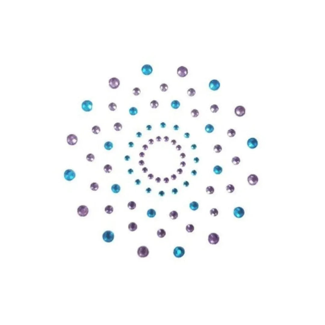 Cache-tétons adhésifs réutilisables en strass bleu et violet, design circulaire étincelant, glamour et confortable.