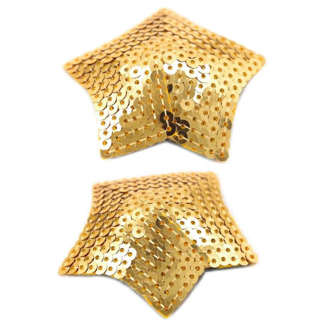 Cache-tétons étoile sequins dorés, réutilisables, brillants, lingerie glamour, accessoires mode festifs.