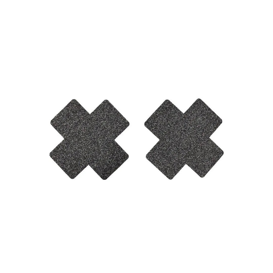 cache tétons croix noire pailletée élégante adhésif confortable hypoallergénique réutilisable festif discret maintien léger brillant glamour audacieux