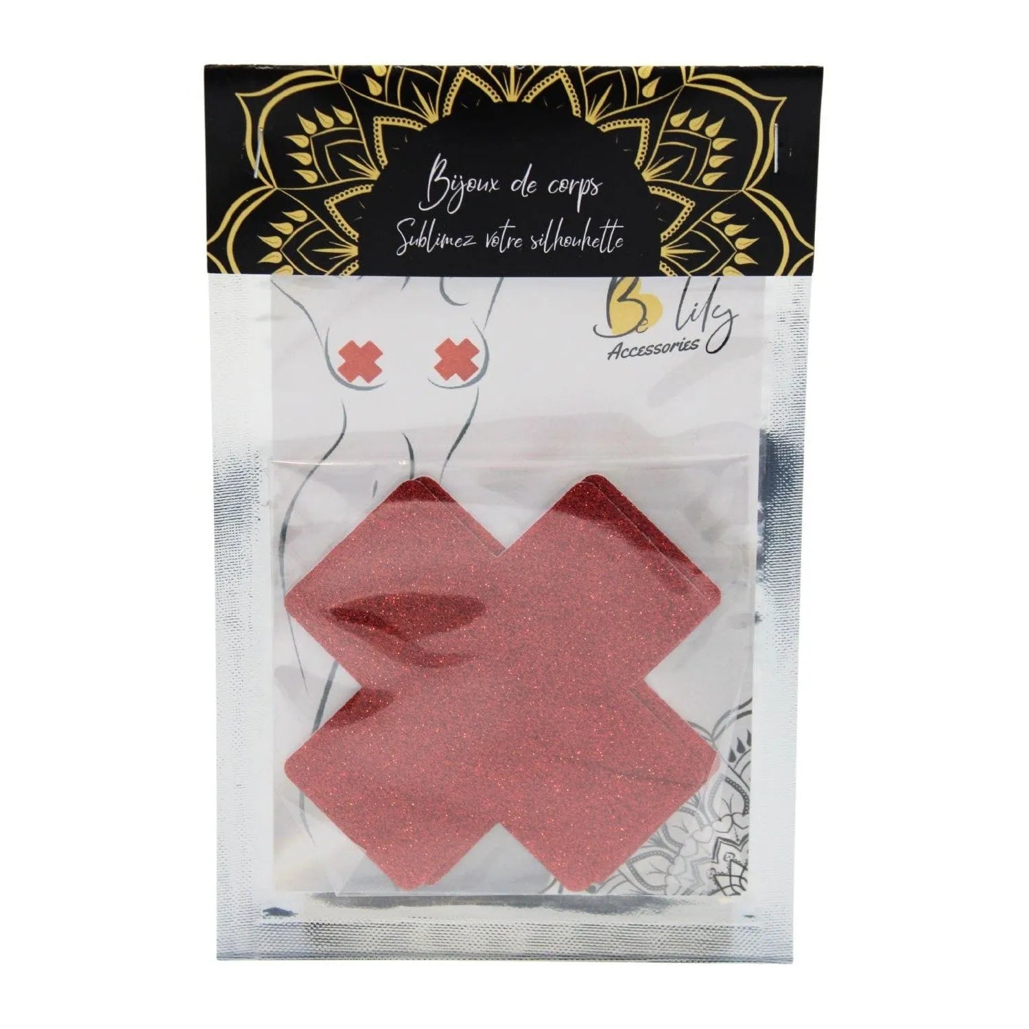 Cache-tétons croix rouge pailletée, autocollante, réutilisable, élégante, pour soirée glamour, confort et discrétion assurés.